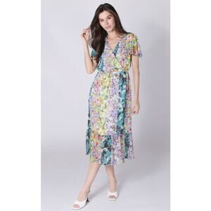 Parker & Rowe Faux Wrap Crystal Youryu Dress Floral Print Size Large NWT Vibrant